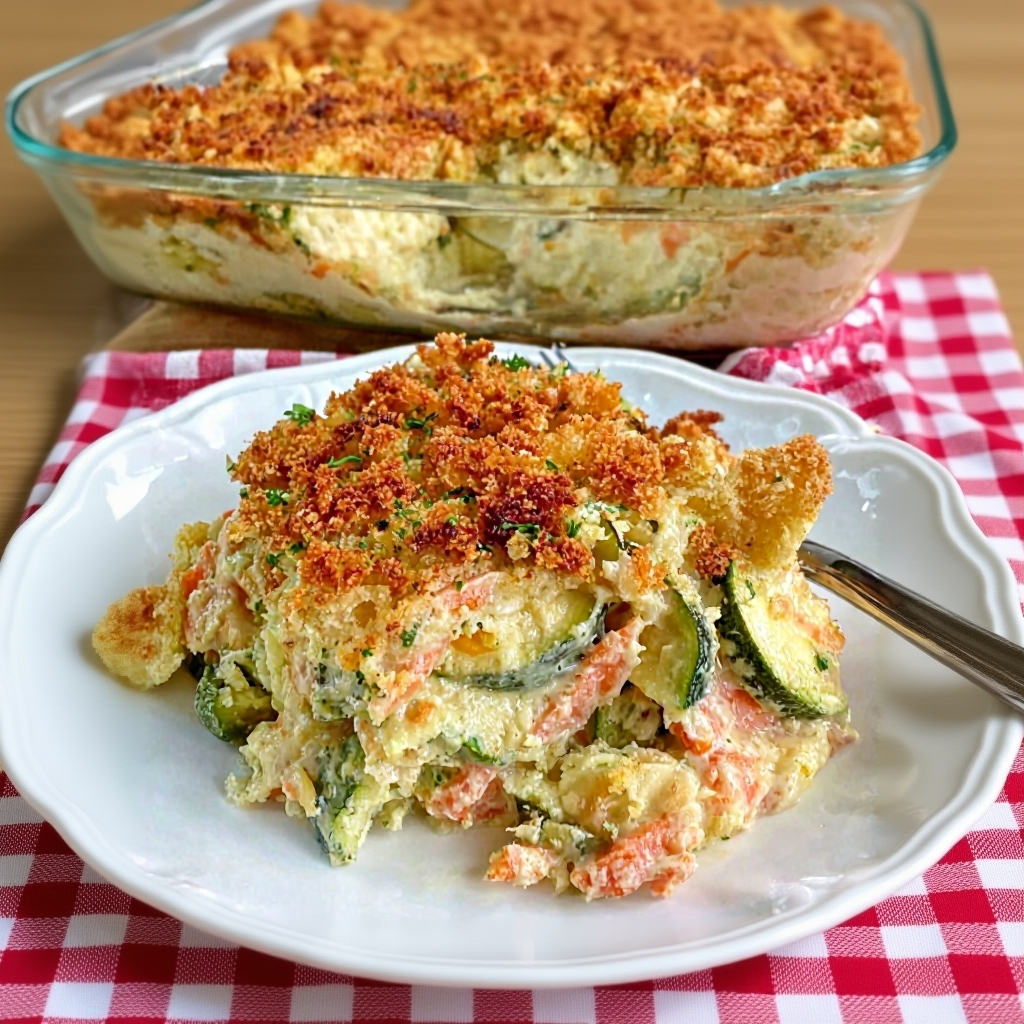 A scoop of Zucchini Casserole on a plate, ready to eat.